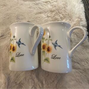 2 Coffee Cups Mugs Fisher Fine Bone China sunflower love bird